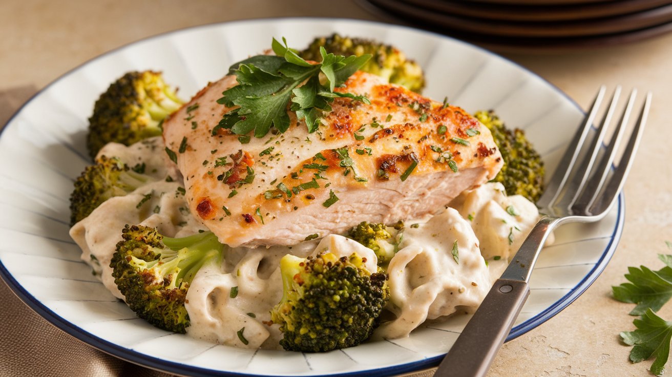  "Close-up of creamy Chicken Alfredo with broccoli and pasta in a baking dish"