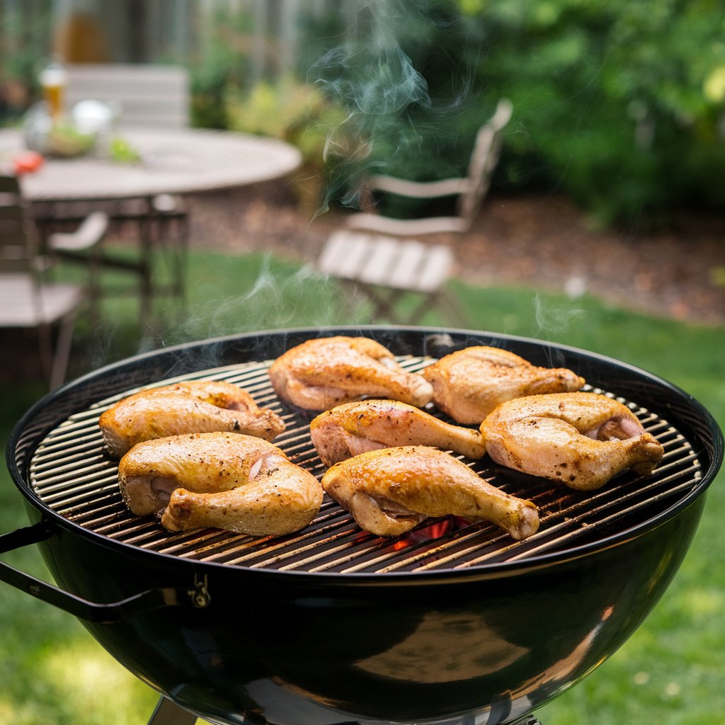 Juicy frozen chicken grilling on a backyard barbecue