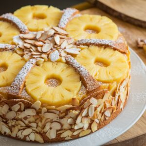 Pineapple almond cake with creamy icing and tropical garnish