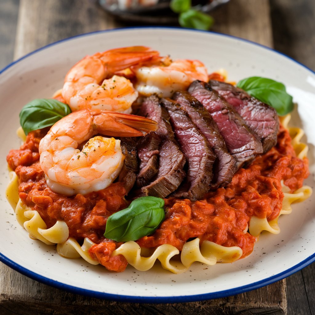 Shrimp and steak pasta recipes served in a creamy Alfredo sauce, garnished with parsley and Parmesan cheese.