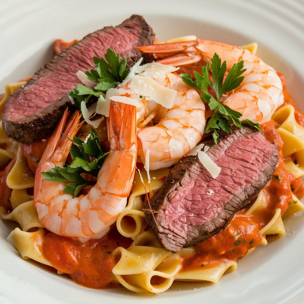 Shrimp and steak searing in a cast-iron skillet with herbs.