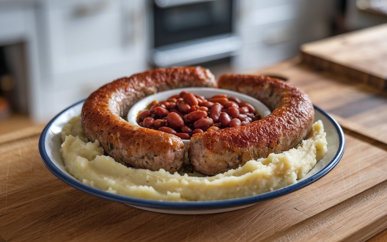  Cooking sausages in a pan with mashed potatoes and beans nearby.