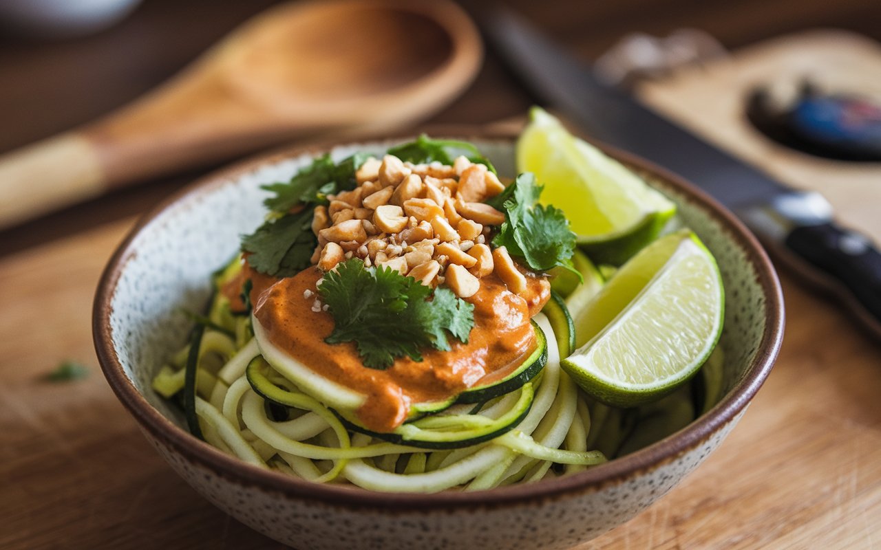 Spicy Thai Peanut Zoodles served in a bowl with garnishes.