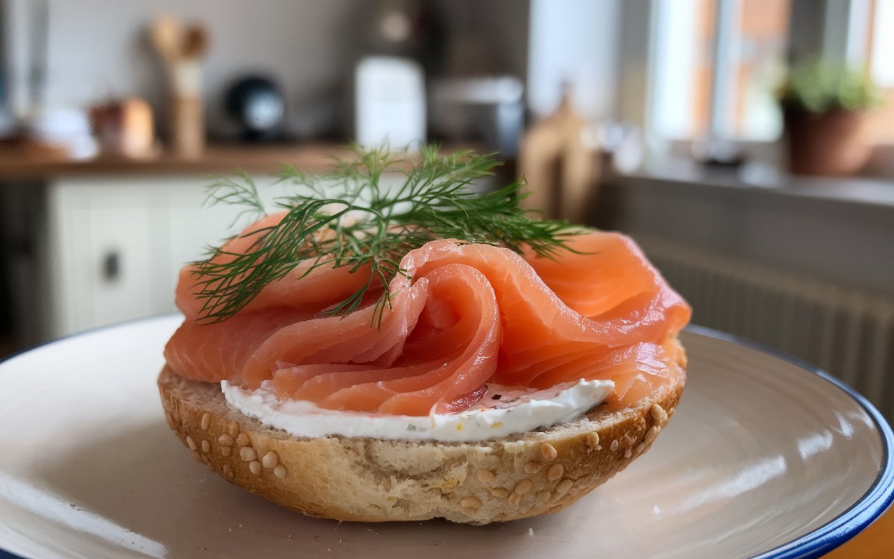 Whole-grain smoked salmon bagel with capers and dill on a wooden table.