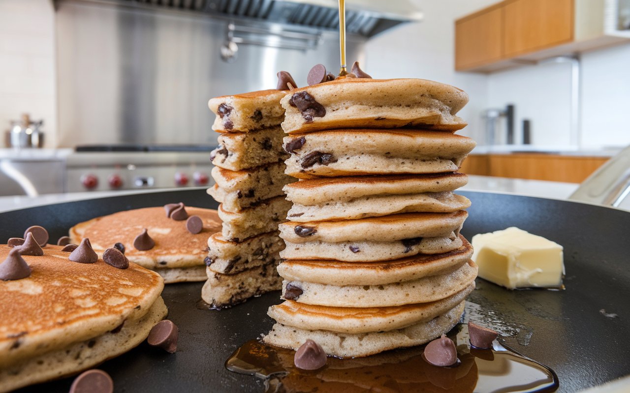 Stack of fluffy chocolate chip pancakes with butter and syrup.