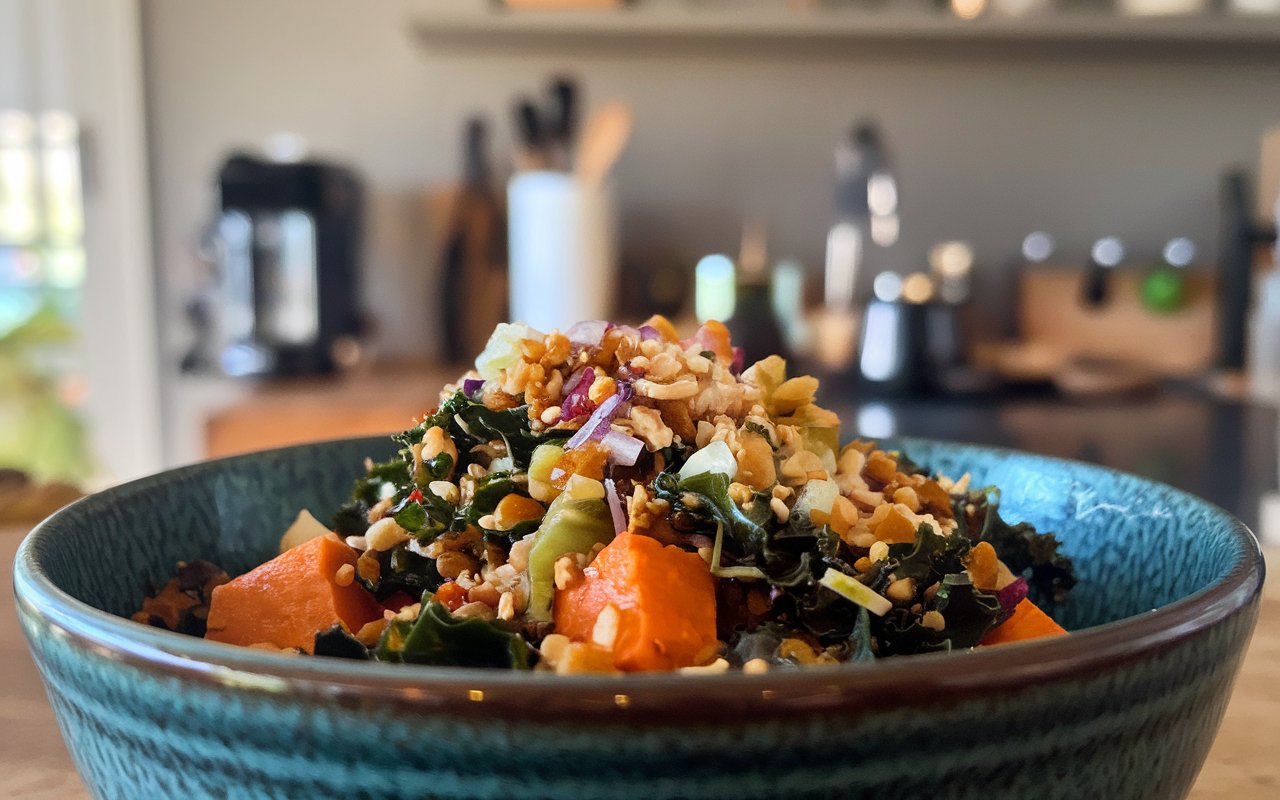  Nutritious Zesty Kale & Sweet Potato Bowl with Avocado and Dressing