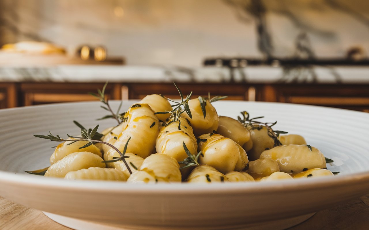 "A plate of gnocchi with butter sauce paired with white wine and a salad."