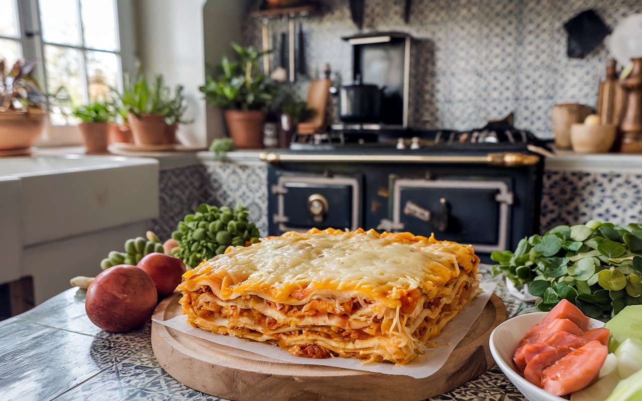  A slice of ramen lasagna served with salad and garlic bread.