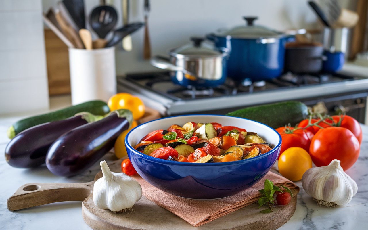 "Traditional Ratatouille with colorful layered vegetables."