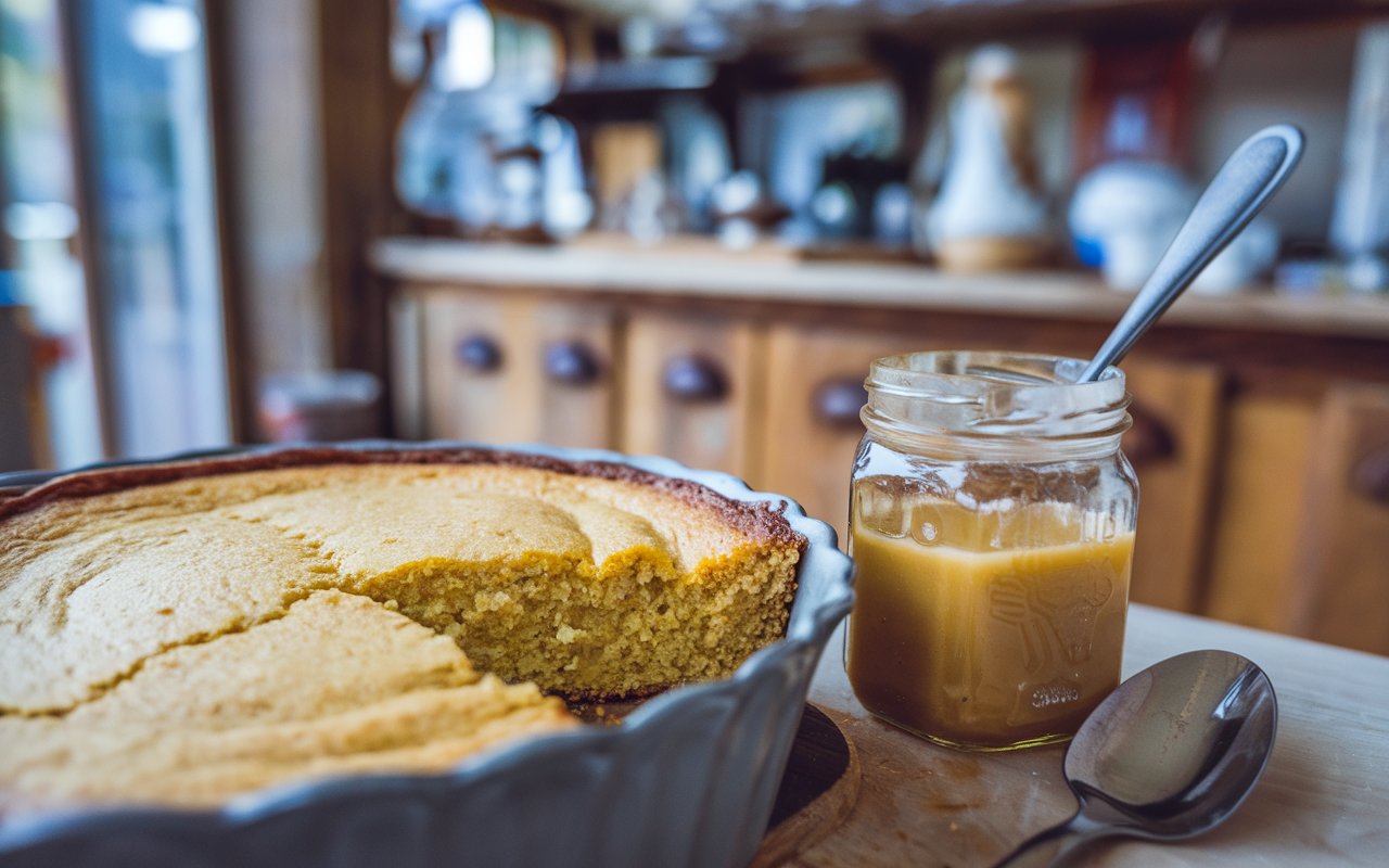 Sweet cornbread slice with honey butter served alongside a bowl of chili.