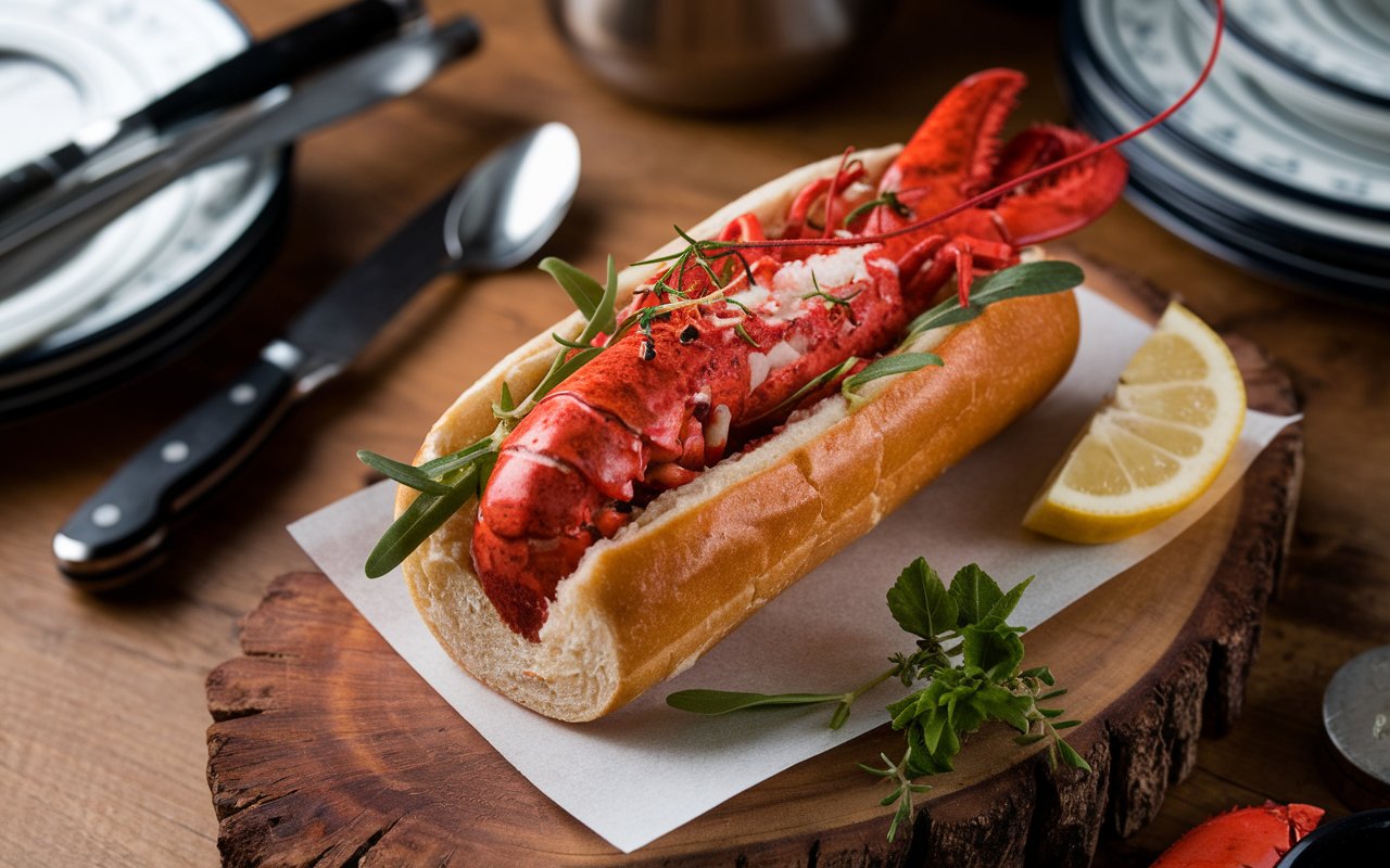 Homemade lobster roll being prepared with fresh ingredients