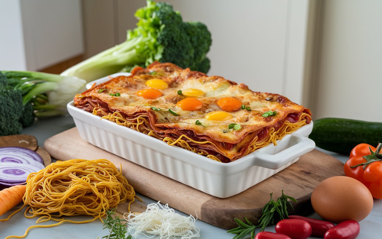 Close-up of someone layering ramen lasagna in a baking dish