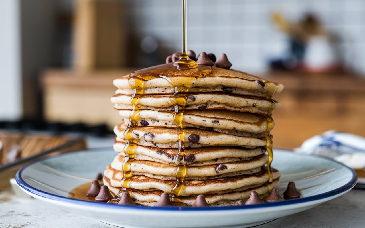 Brunch-ready chocolate chip pancakes with fruit and whipped cream.