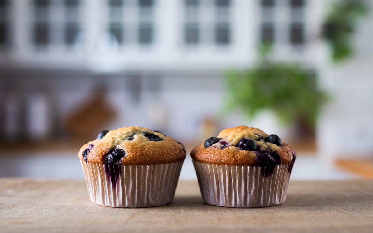 "Breakfast table with blueberry muffins and coffee."