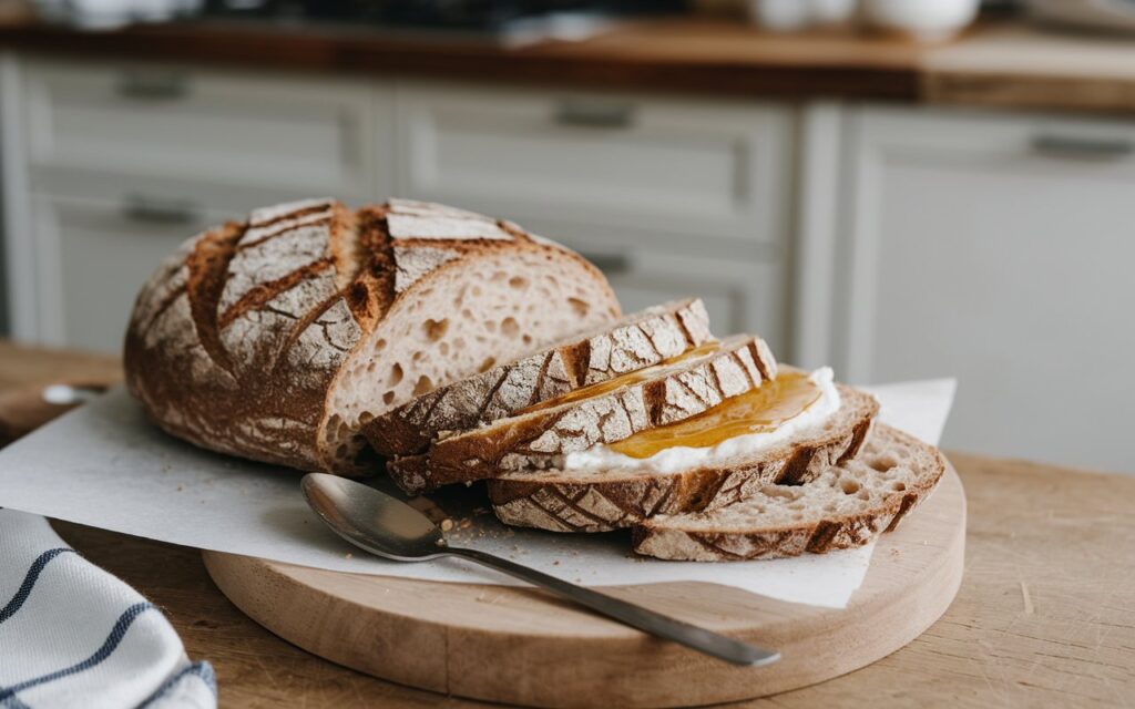 Sourdough bread slices with figs, honey, and nuts