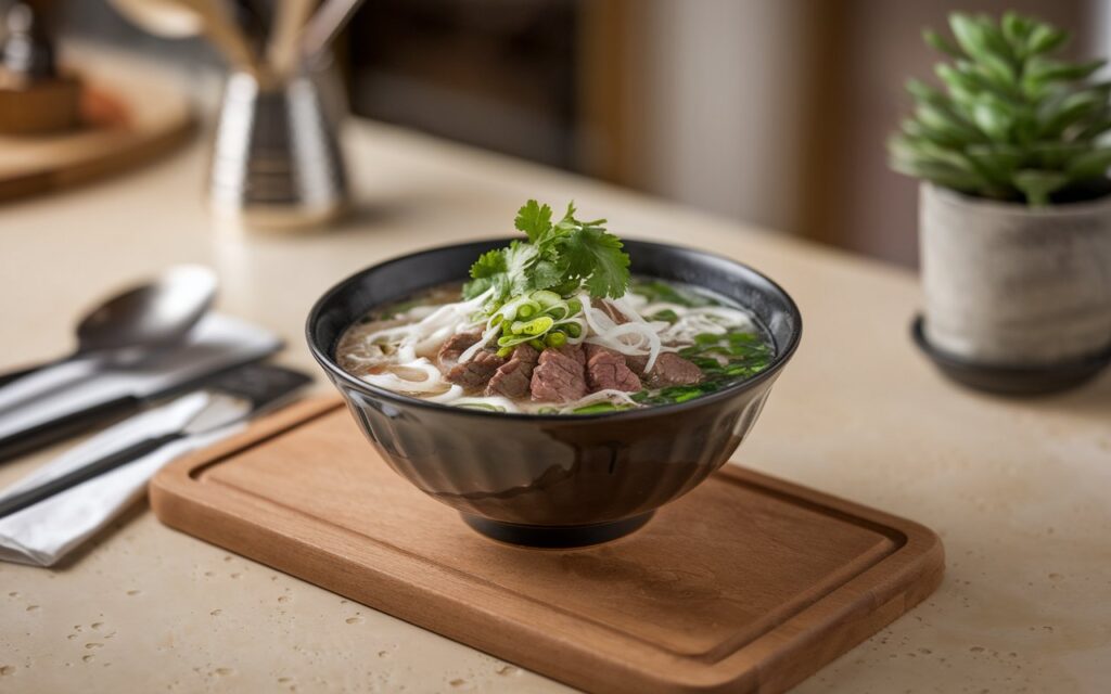 Steaming bowl of pho with beef, herbs, and lime wedges.