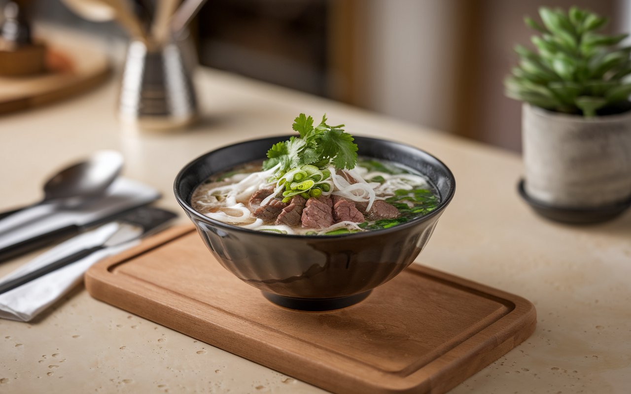 Steaming bowl of pho with beef, herbs, and lime wedges.