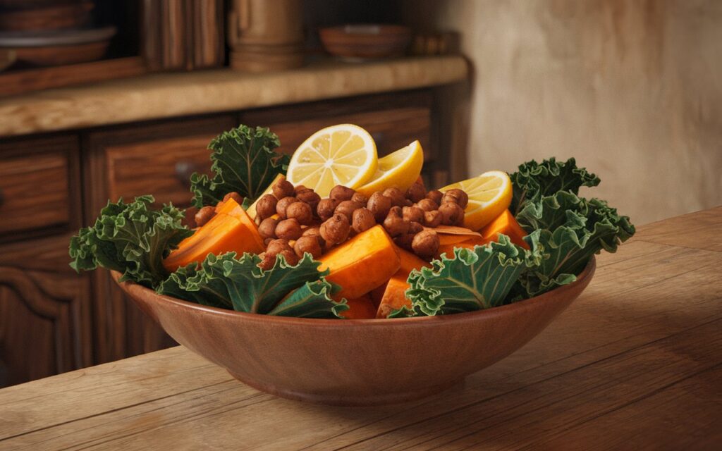 Lemon-Tahini Dressing Drizzled Over Zesty Kale & Sweet Potato Bowl