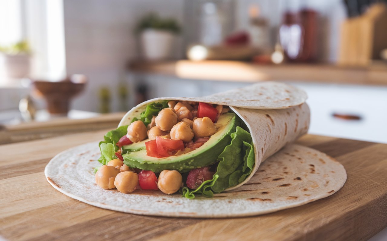 Freshly made avocado chickpea salad wrap with tomatoes and spinach.