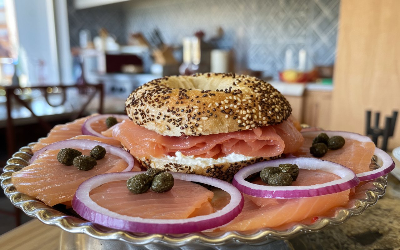 Bagel and lox buffet station with various toppings and labels