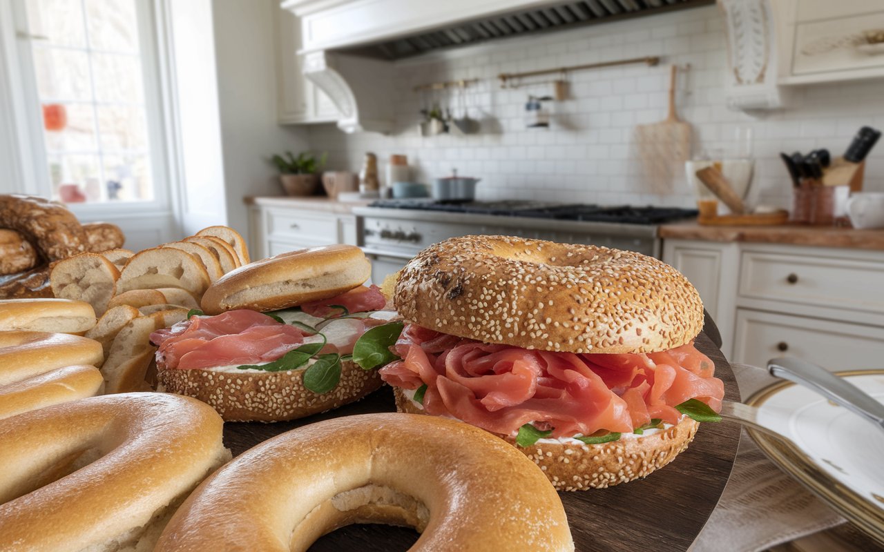 Close-up of a bagel with lox, cream cheese, and fresh toppings