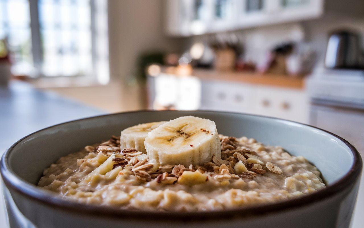 "Bowl of banana oatmeal with fresh toppings on a wooden table"