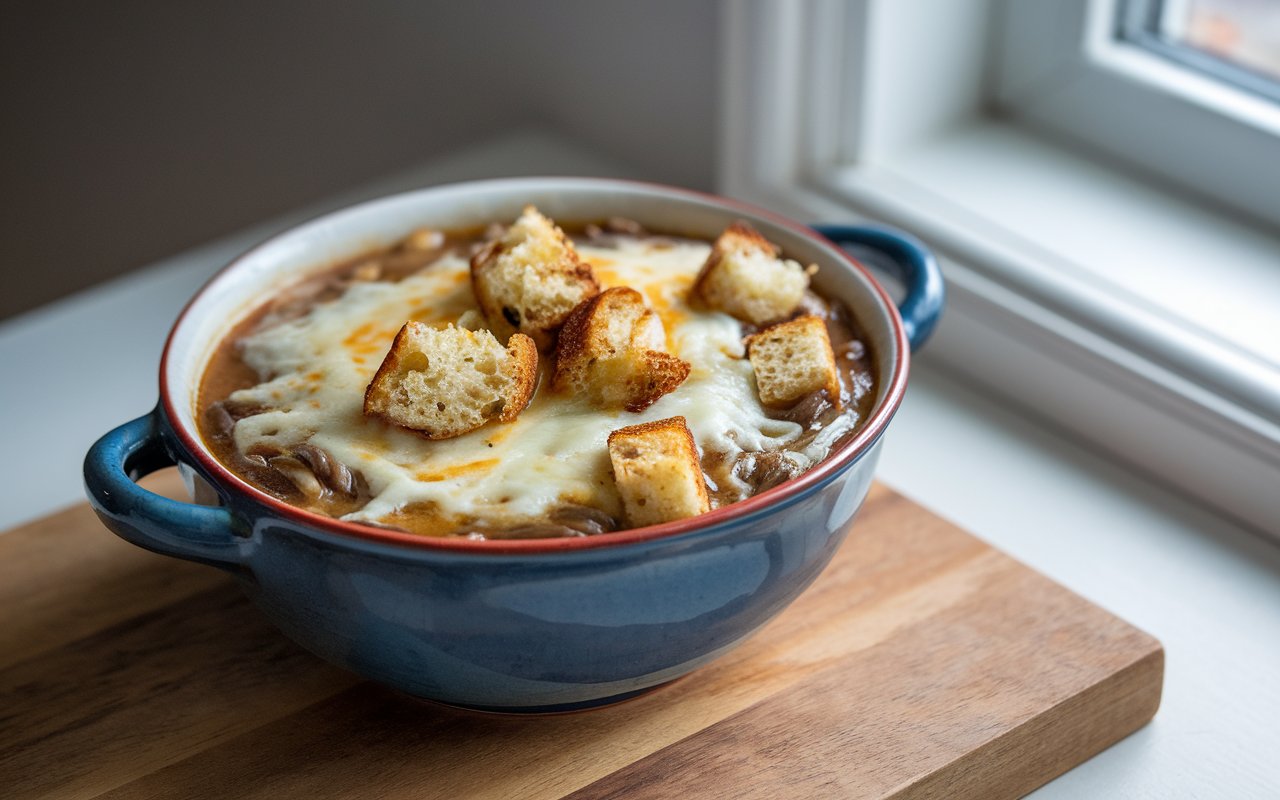 A crock of French onion soup with baguette, cheese, and red wine.