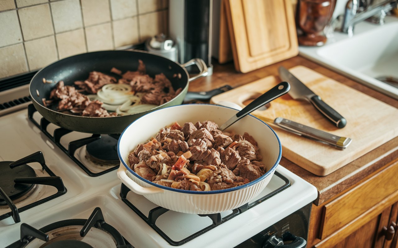 "A skillet of milk-free Beef Stroganoff cooking on a stovetop."