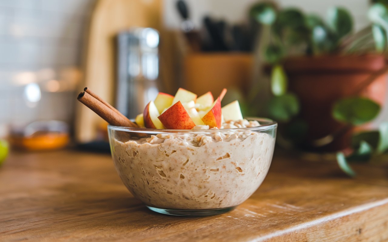 Ingredients for apple cinnamon overnight oats, including oats, apples, and cinnamon.