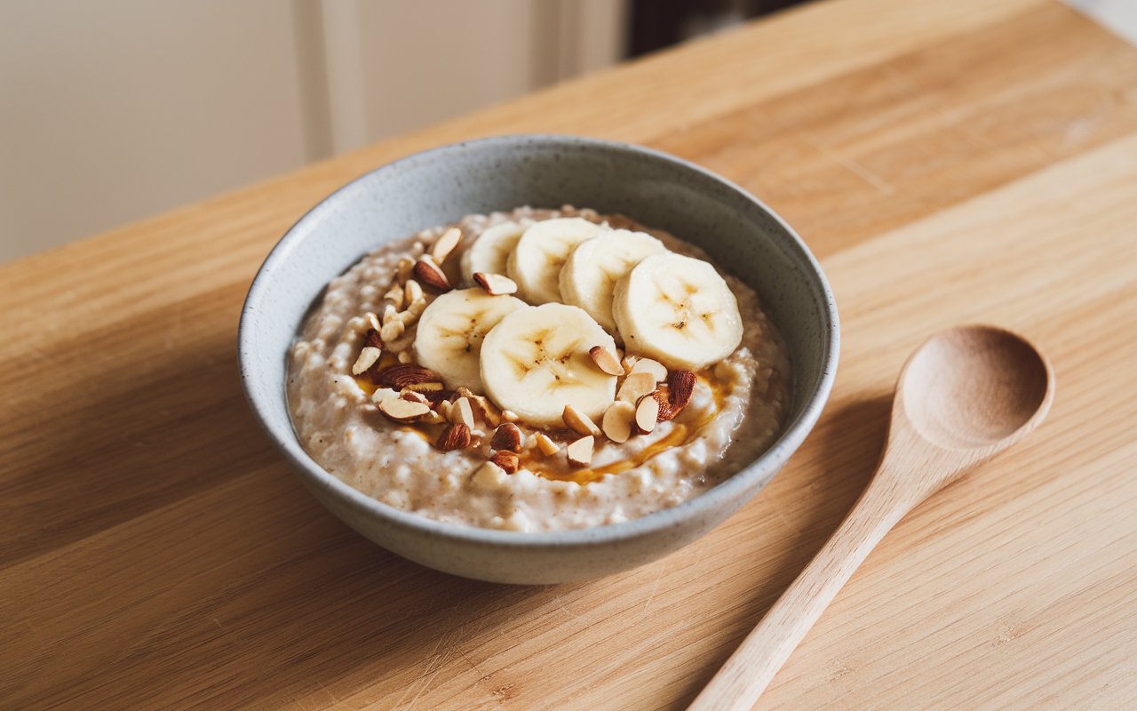  "Ingredients for making banana oatmeal: oats, banana, honey, and nuts"