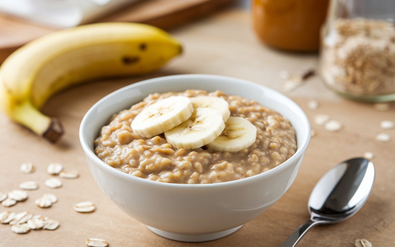 "Baked banana oatmeal in a white tray with fresh ingredients"