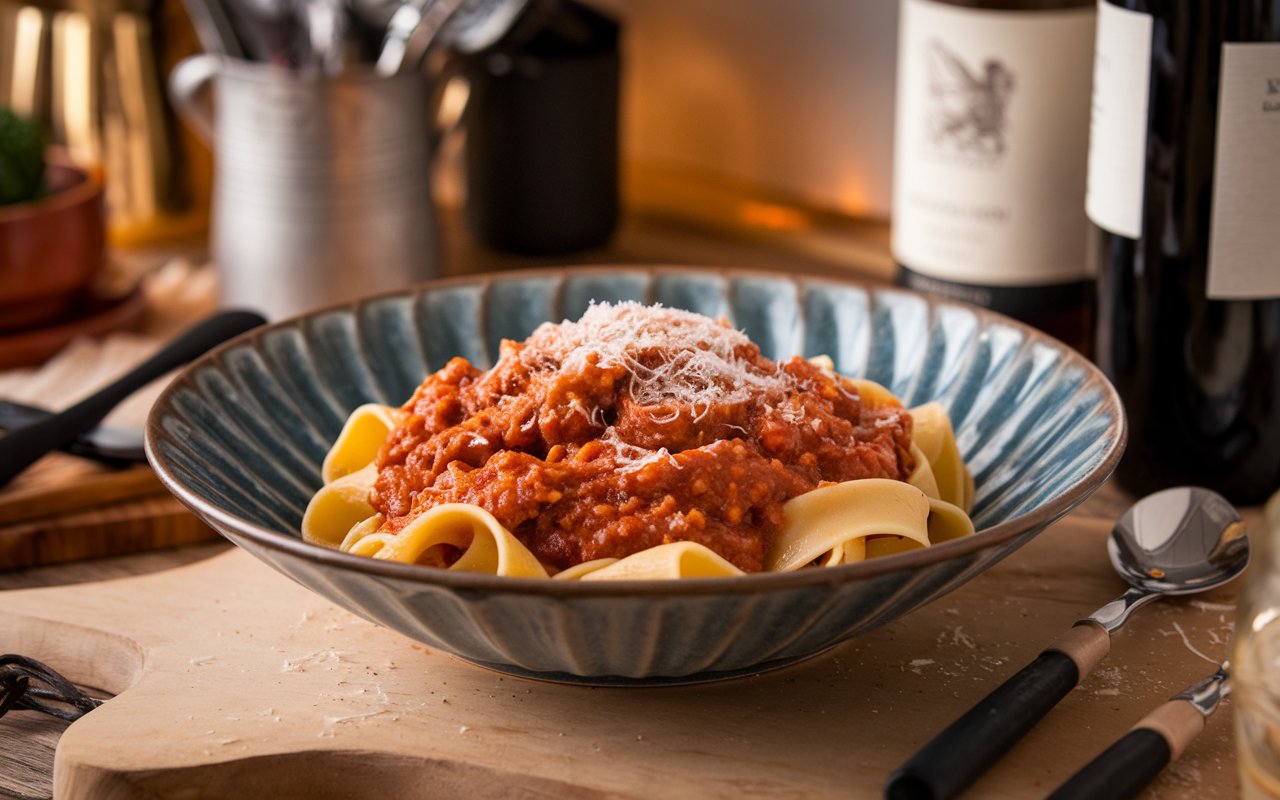 Pappardelle pasta being tossed with Bolognese sauce in a skillet.