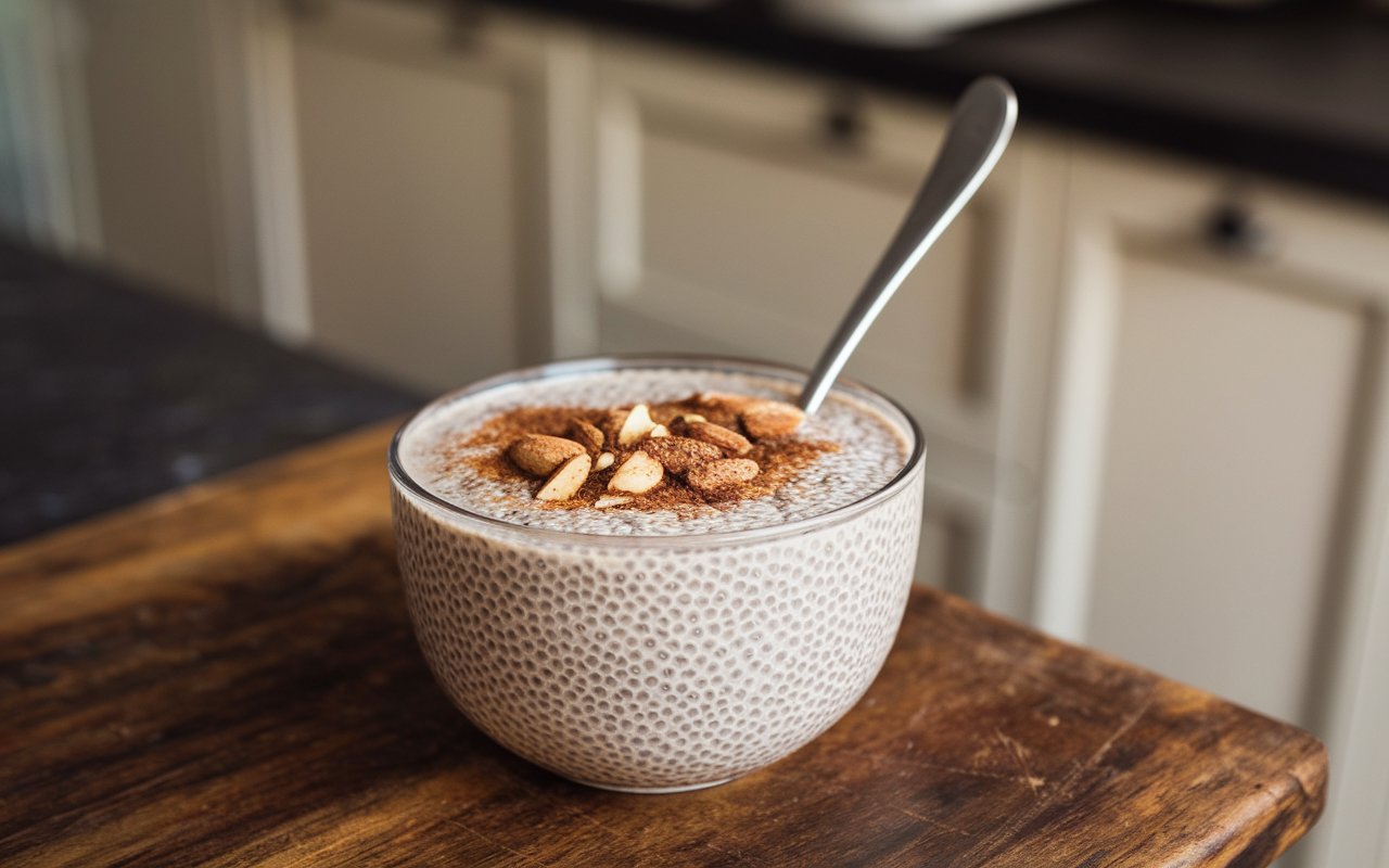 Assorted chia seed pudding jars with fresh toppings.