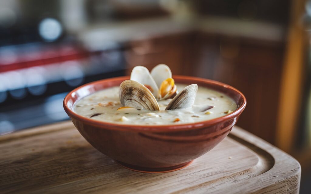 "Gluten-free clam chowder served at a restaurant."