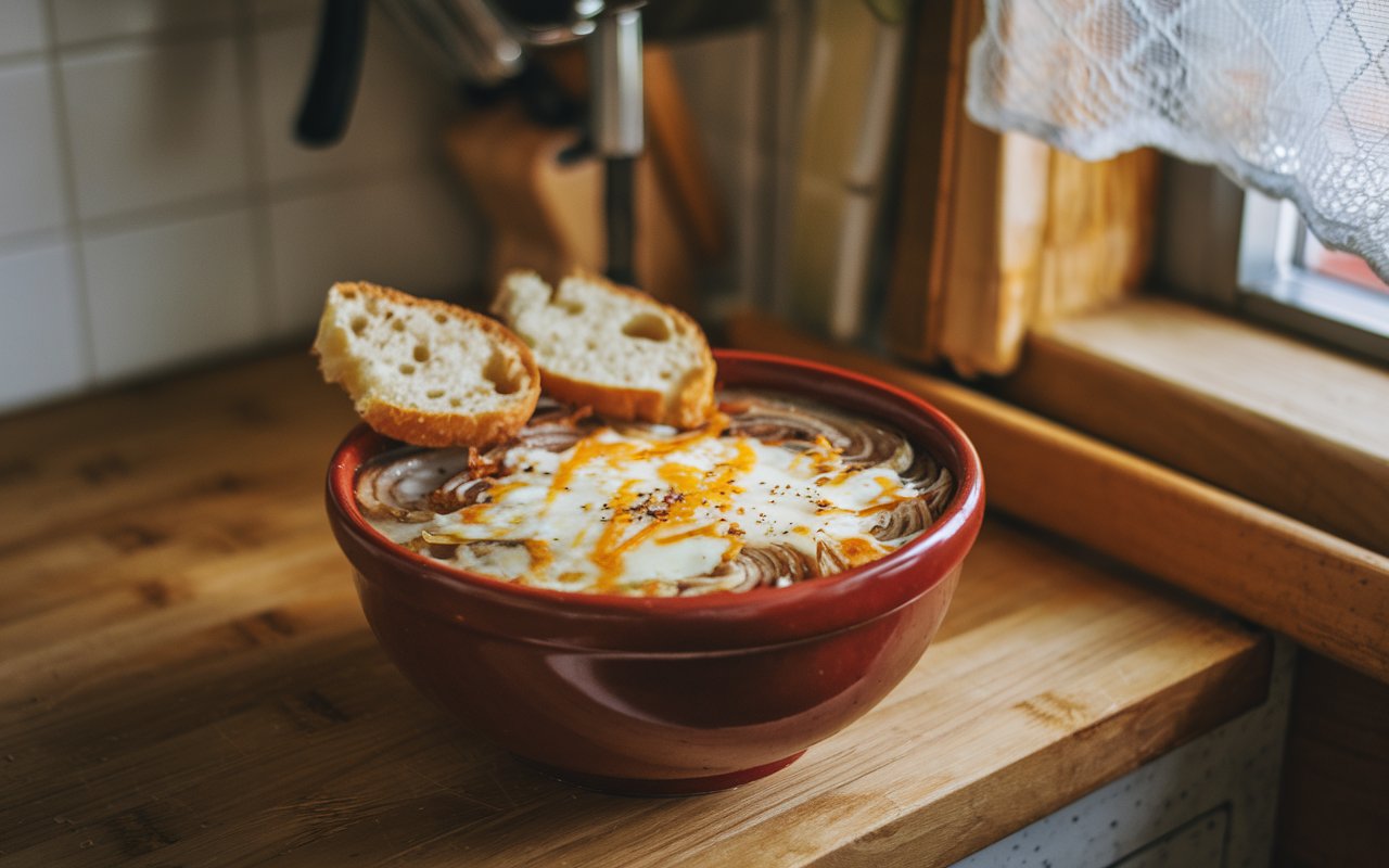 Rustic bowl of French onion soup with melted cheese and bread.