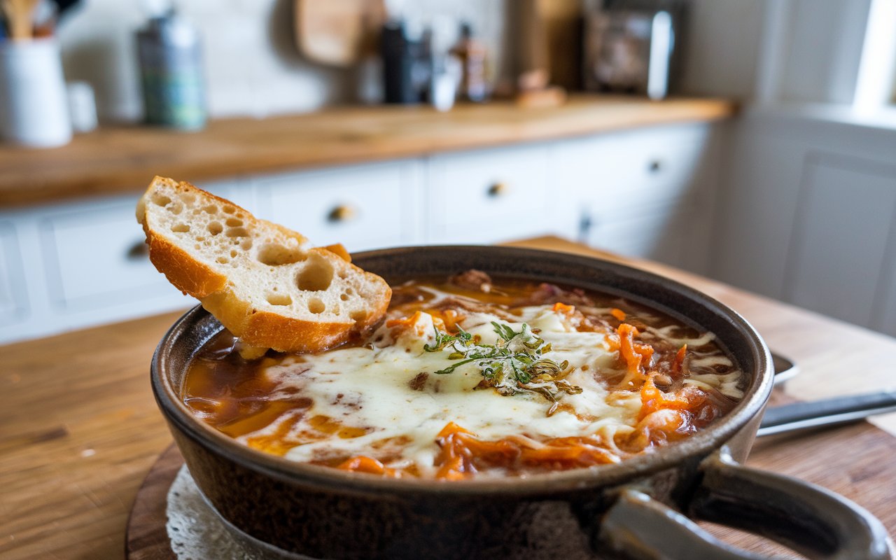  Caramelized onions cooking in a skillet with fresh thyme.