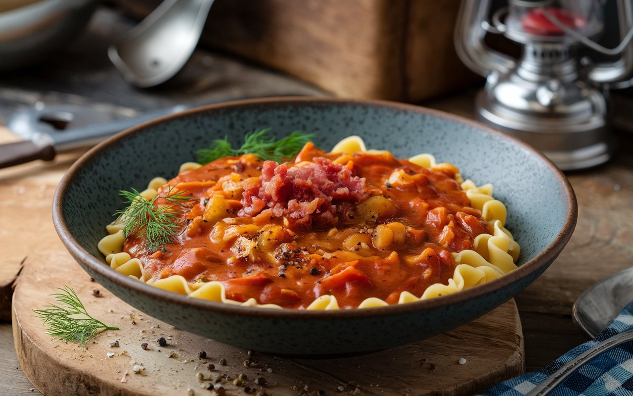 A steaming bowl of Hungarian goulash in a rustic kitchen setting.