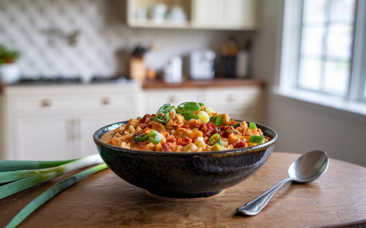 "Steaming pot of jambalaya with shrimp, rice, and vegetables in a rustic kitchen."