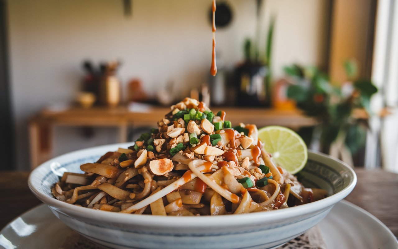 Pad Thai noodles with sauce and garnishes in a rustic bowl.