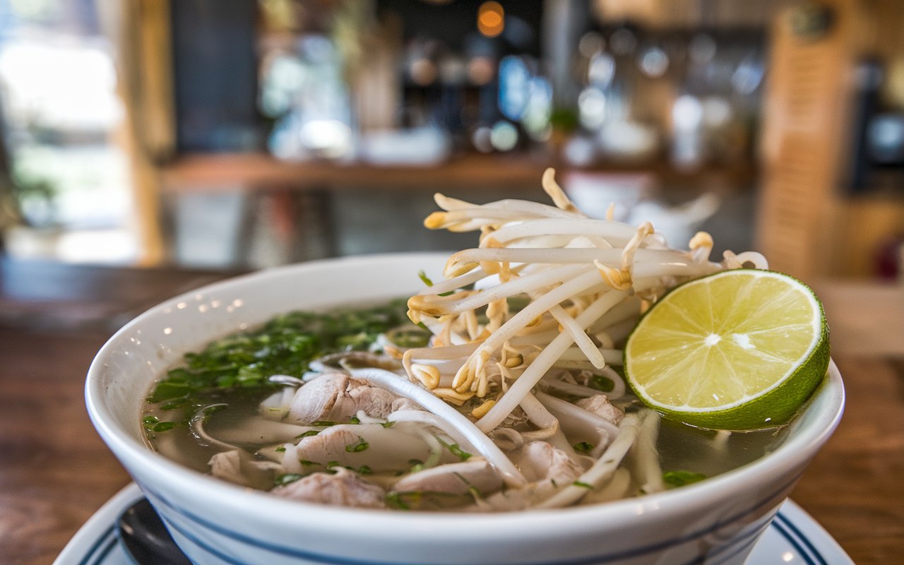  Close-up of pho ingredients on a wooden board.