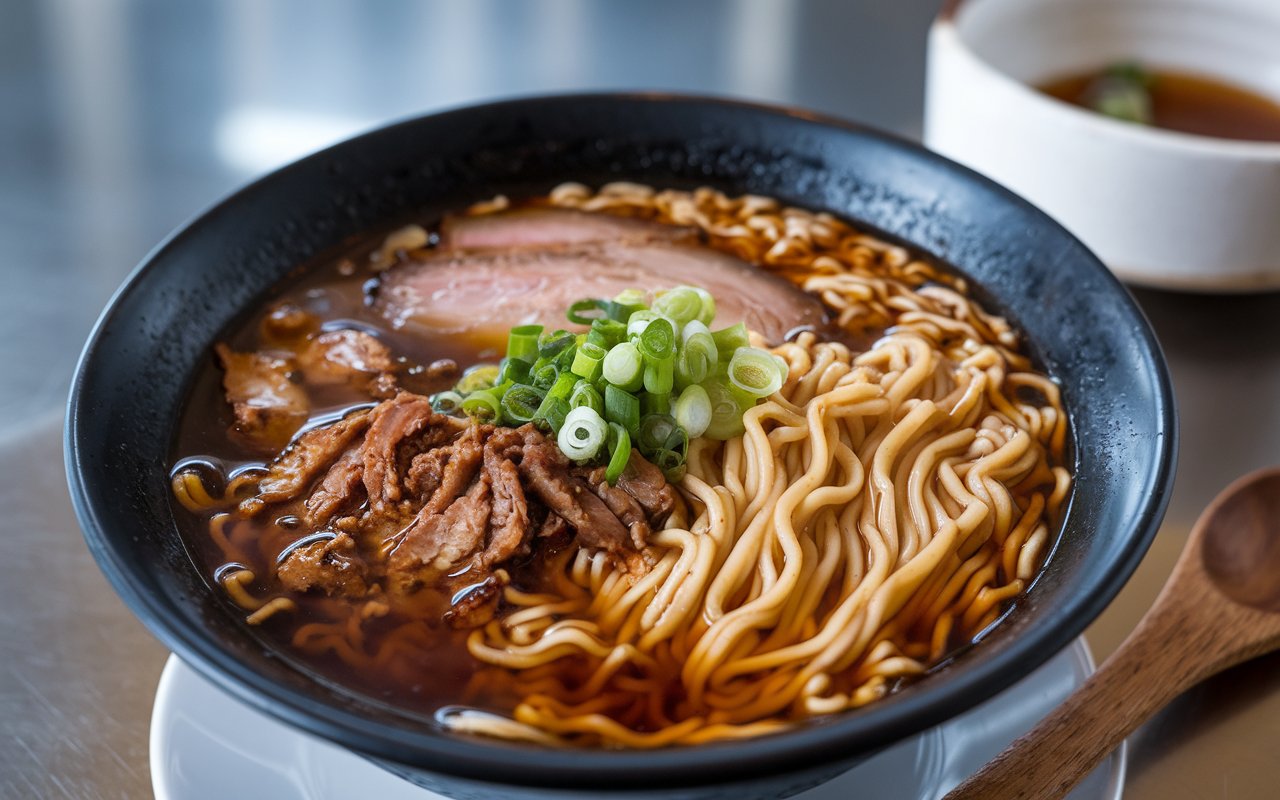 A bowl of gluten-free ramen with fresh vegetables and boiled eggs.