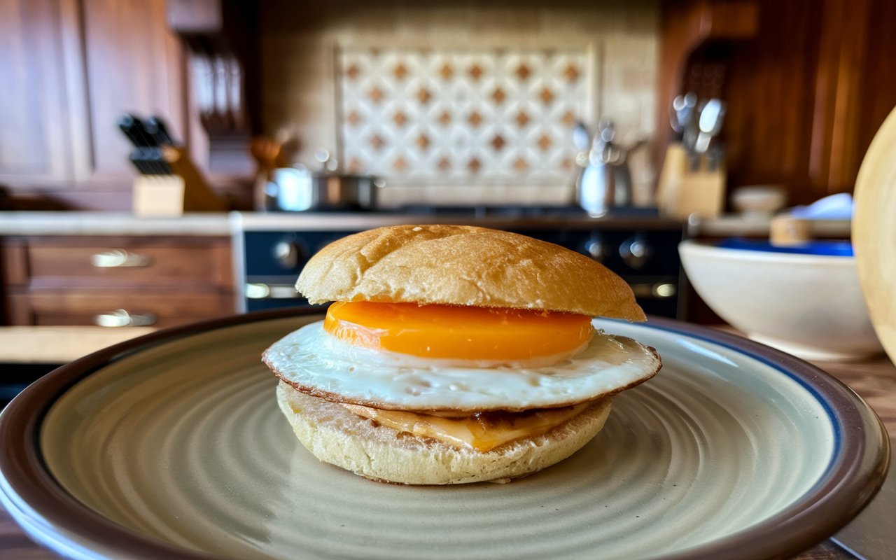 Egg and cheese cooking process in a skillet.