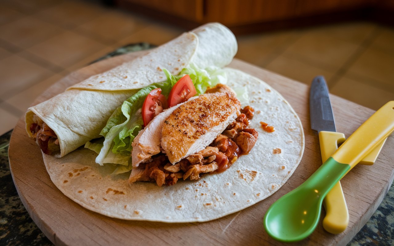 “Sliced burrito with vibrant fillings on a rustic wooden table.”