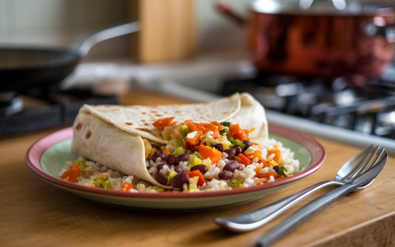 “Toasting a golden-brown burrito in a skillet.”