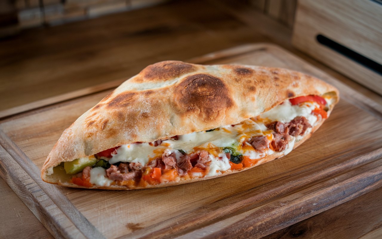 "Freshly baked Italian calzone with cheese and spinach."