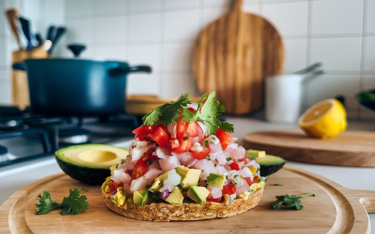 Fresh ceviche tostadas topped with shrimp, avocado, and lime on a rustic table.