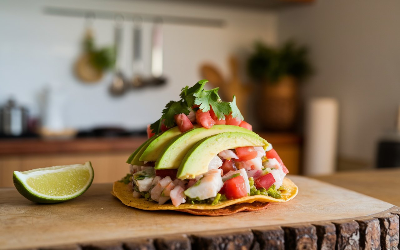 Step-by-step assembly of ceviche tostadas with fresh toppings.