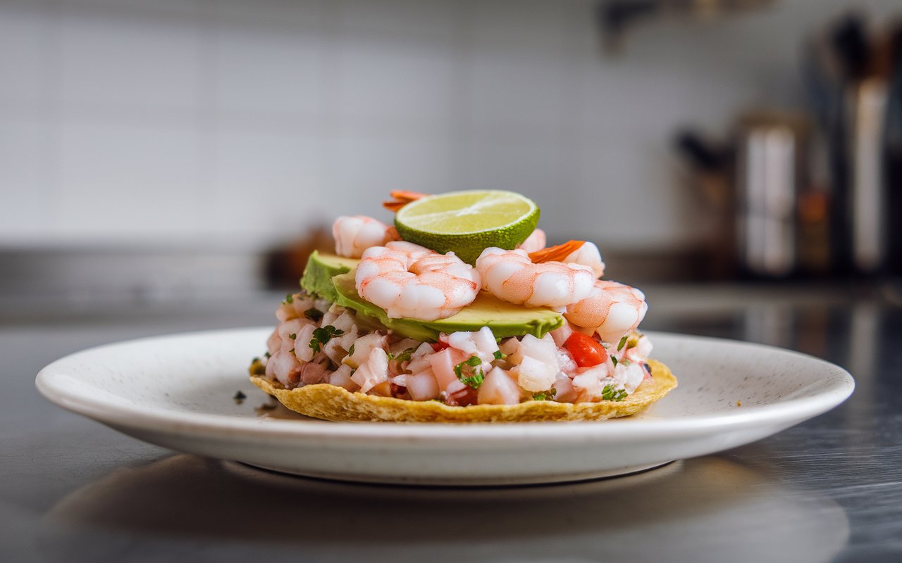  Ingredients for ceviche tostadas: shrimp, lime, cilantro, and tostada shells.