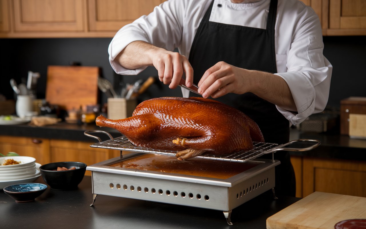 "Chef slicing Peking duck with a knife."