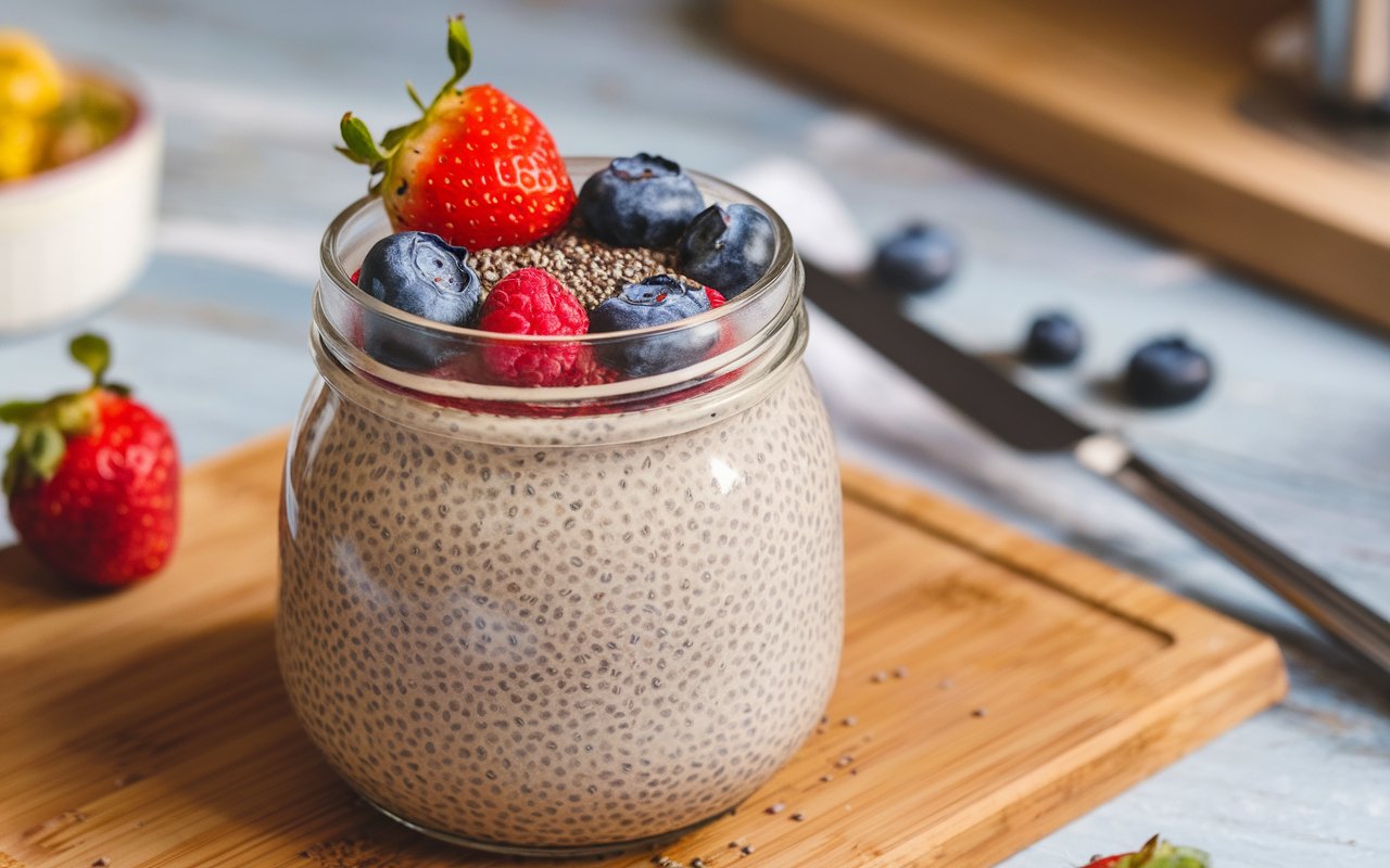  Layered chia seed pudding with fresh fruits and honey.